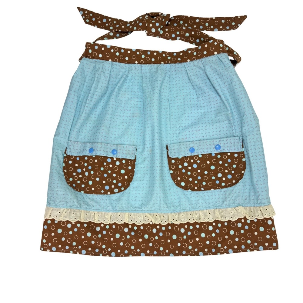 Handmade‎ Half Apron OS Blue Brown Polka Dot Lace Pockets Vintage Style Cottage